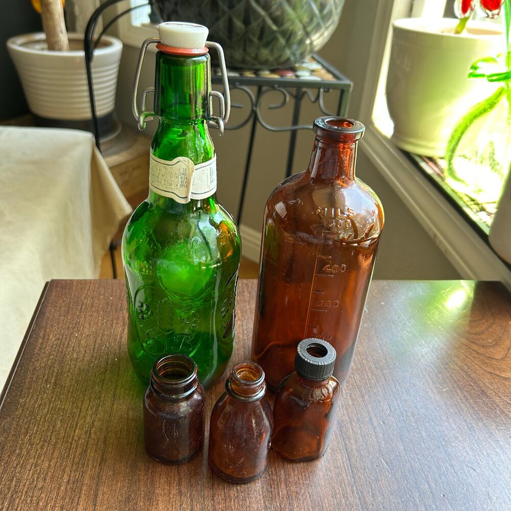 Old Vintage Antique Glass Bottles Vicks Grolsch Drug Package inc